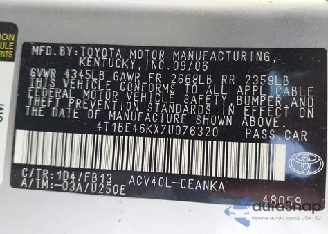 2007 Toyota Camry Le из США, поврежденный, VIN 4T1BE46KX7U076320